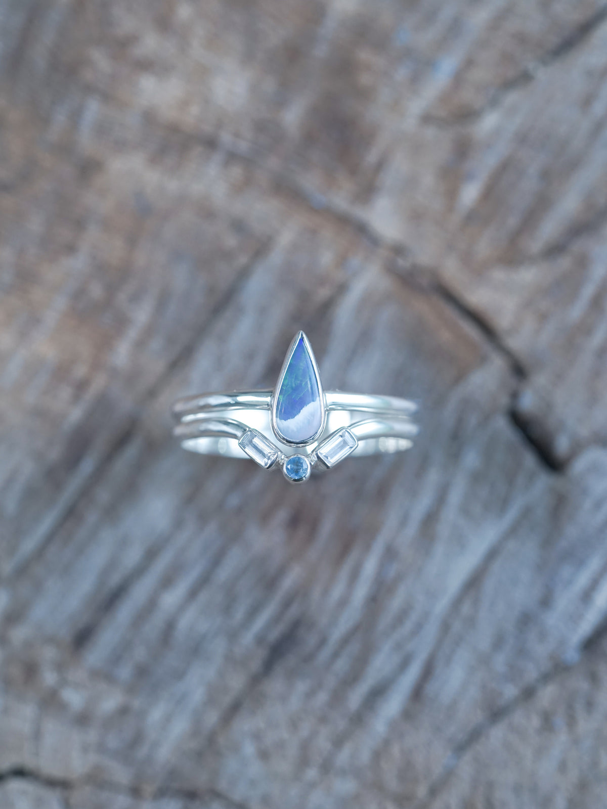 Opal, Aquamarine and Zircon Ring Set in recycled sterling silver