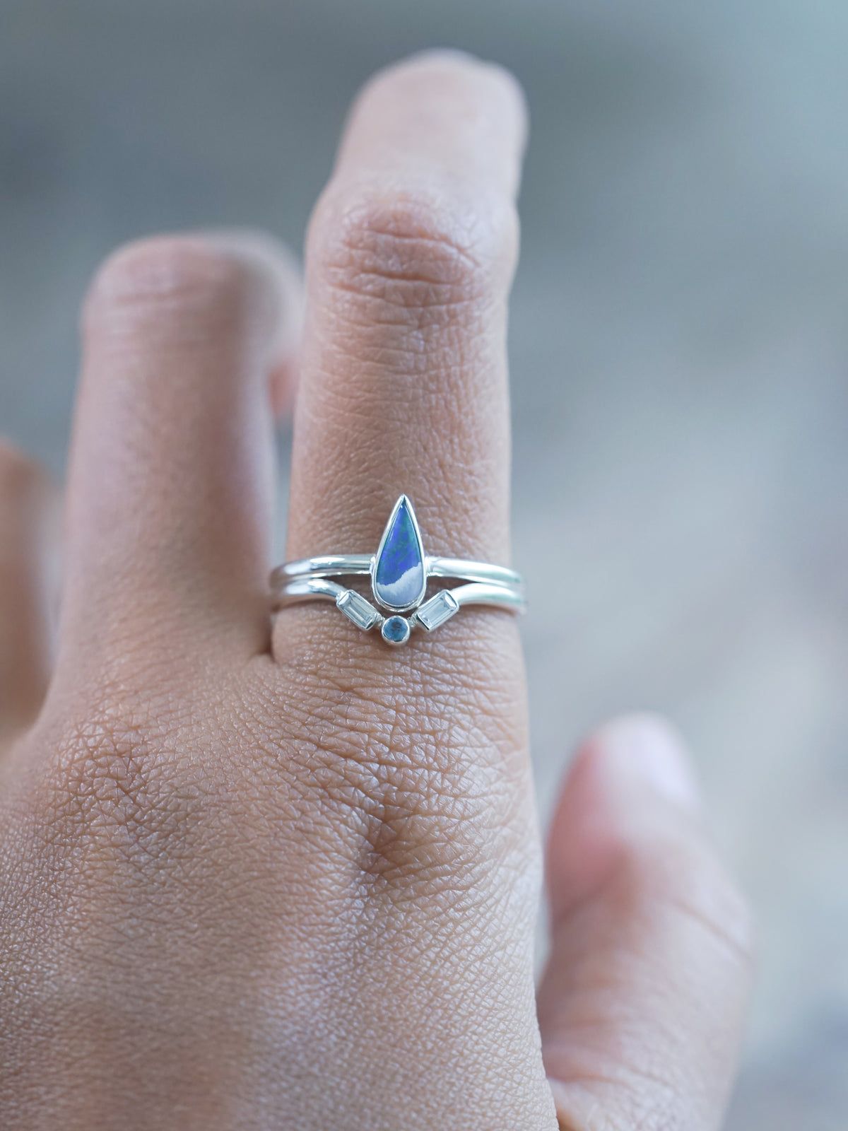 Opal, Aquamarine and Zircon Ring Set in recycled sterling silver in US size 9