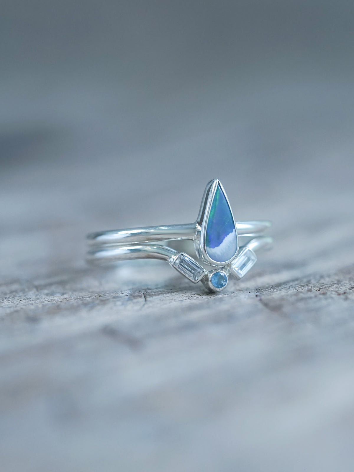 Opal, Aquamarine and Zircon Ring Set in recycled sterling silver in detailed
