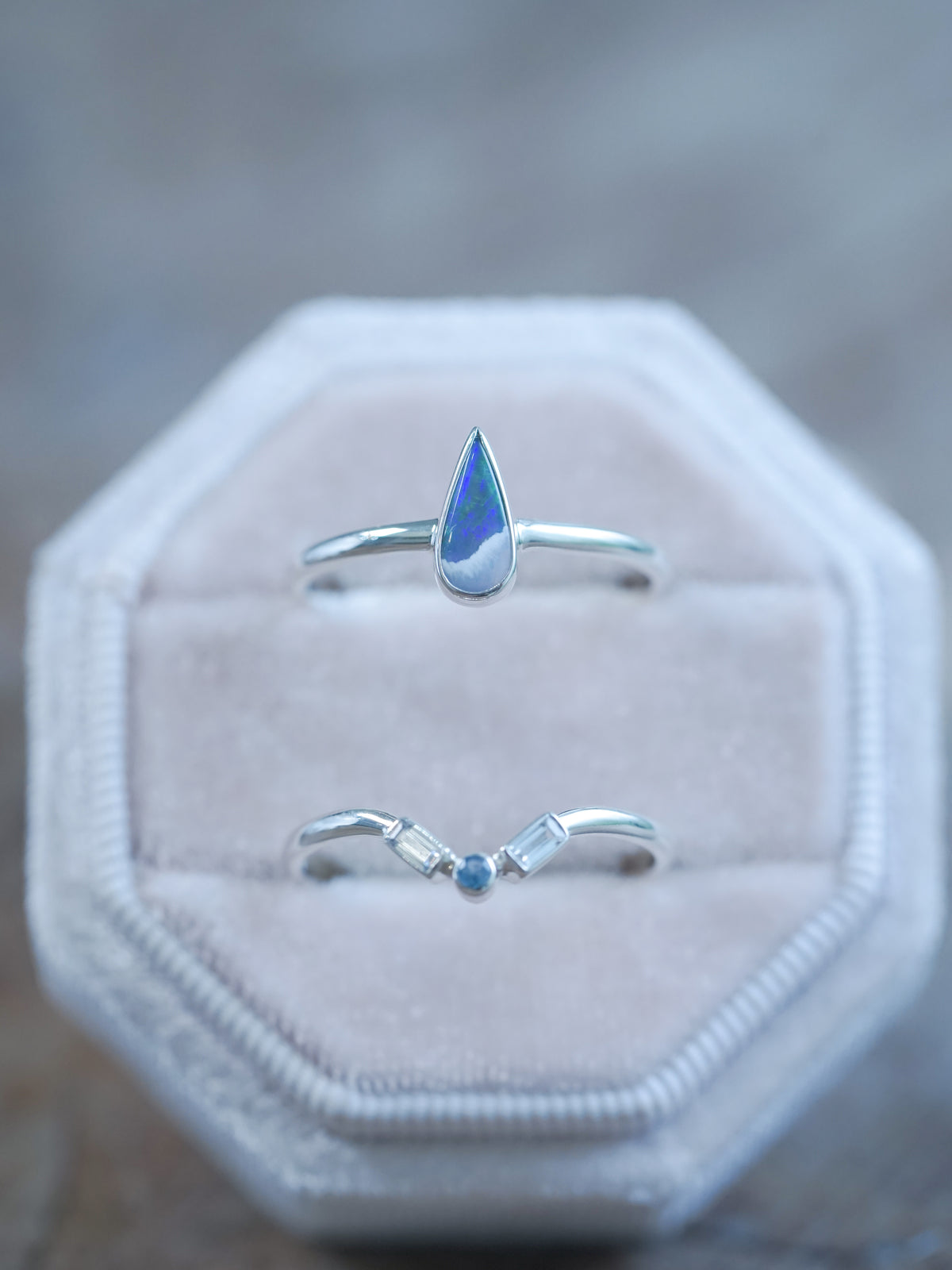 Opal, Aquamarine and Zircon Ring Set in recycled sterling silver in velvet box