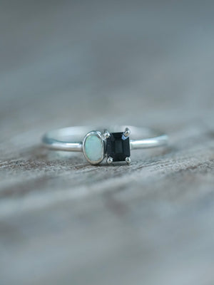 Opal and Black Spinel Ring in Sterling Silver