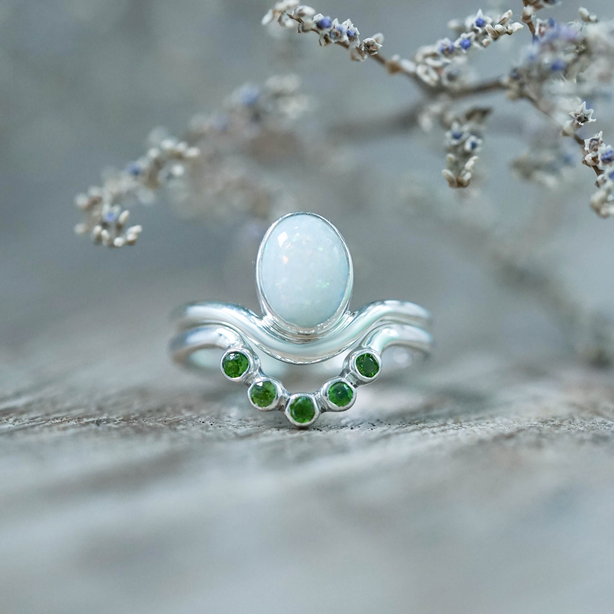 Opal and Tsavorite Garnet Ring Set in Sterling Silver