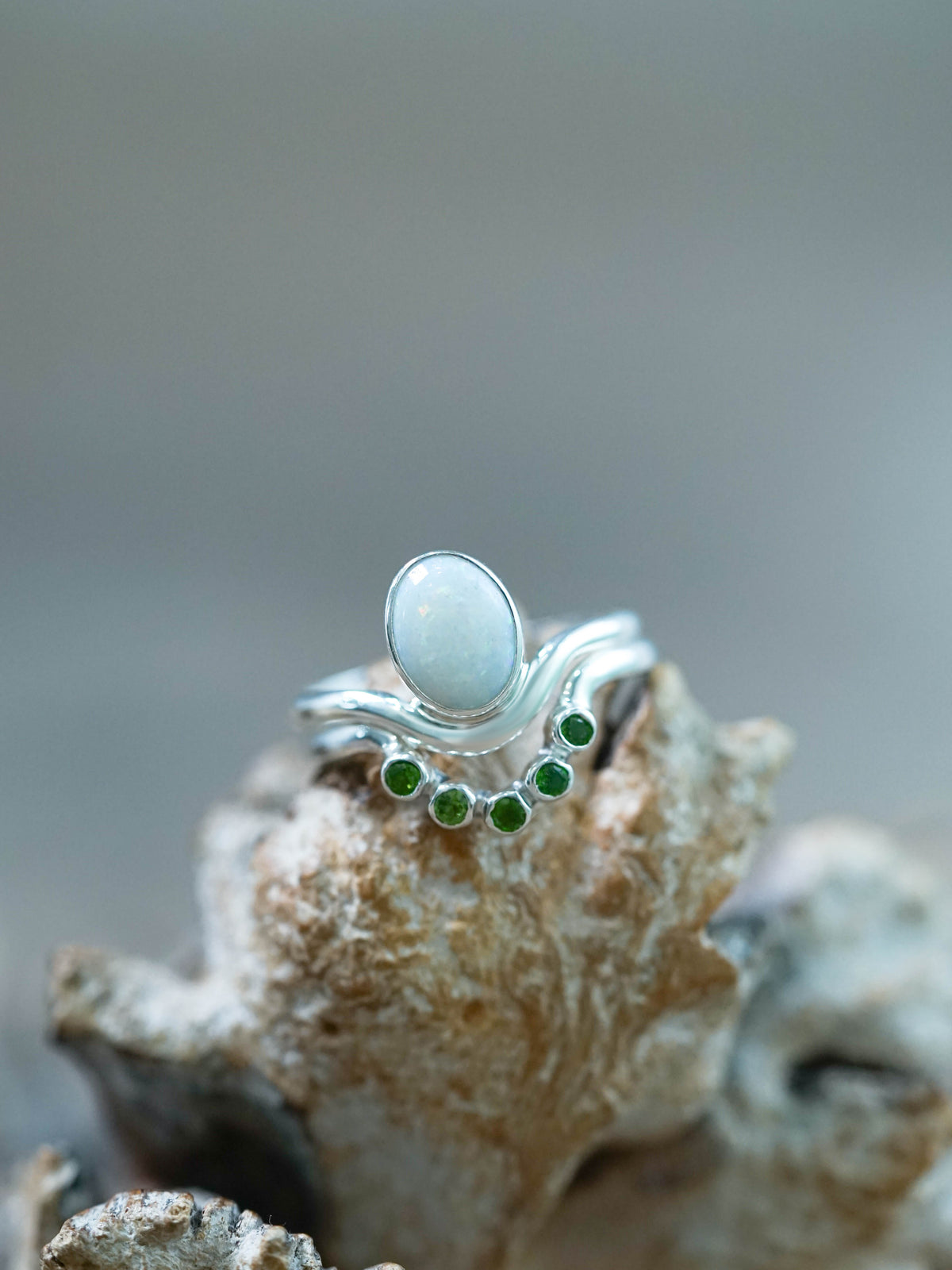 Opal and Tsavorite Green Garnet Ring Set in Recycled Sterling Silver