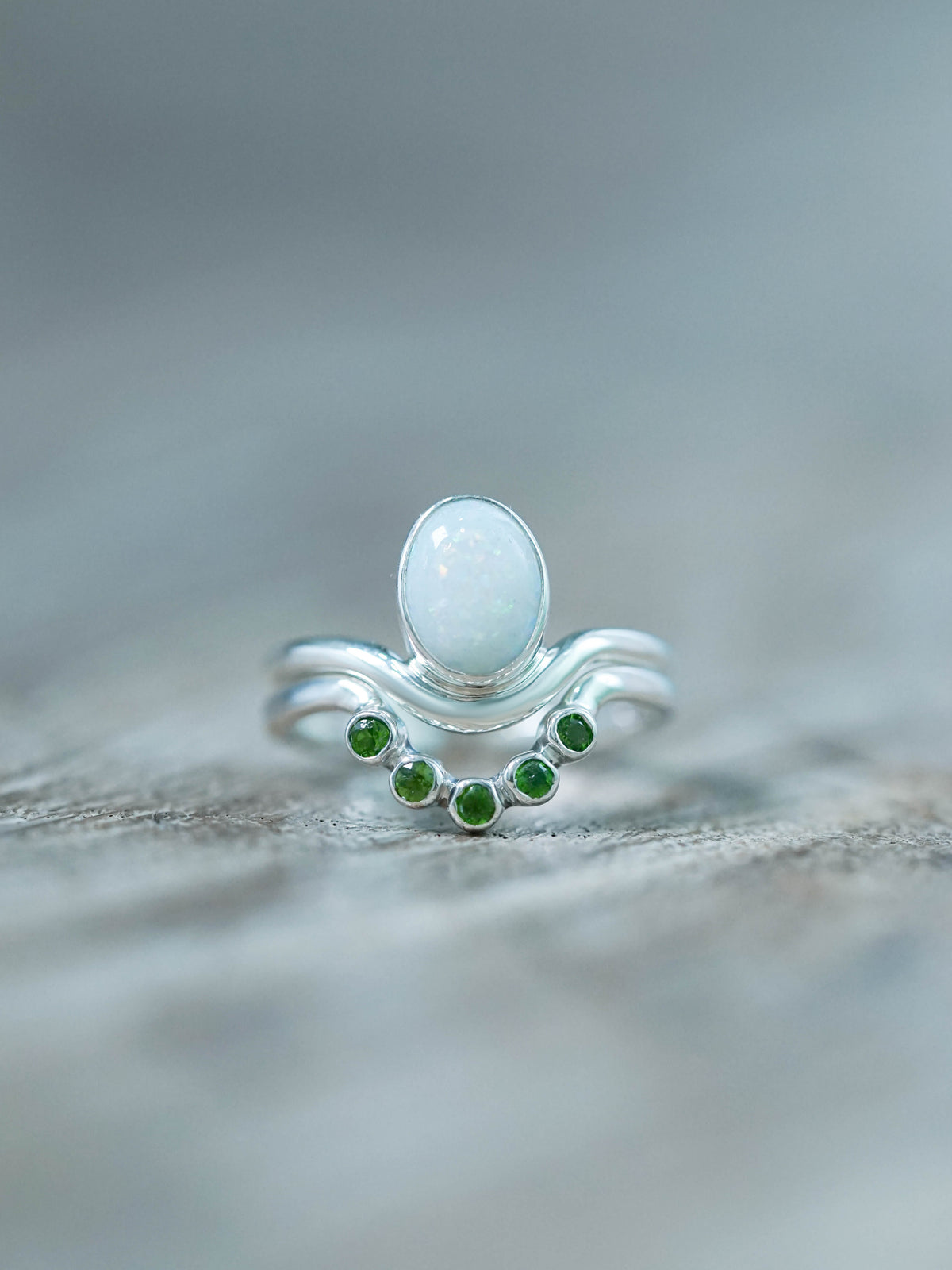 Opal and Tsavorite Green Garnet Ring Set in Sterling Silver