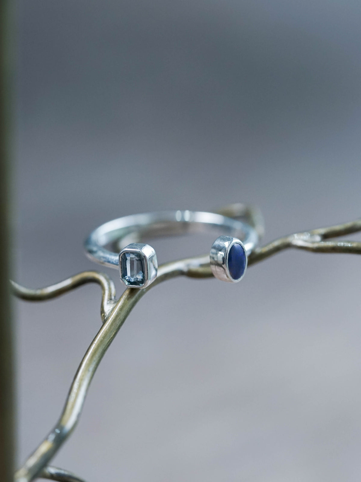 Open Opal and Sapphire Ring in recycled sterling silver