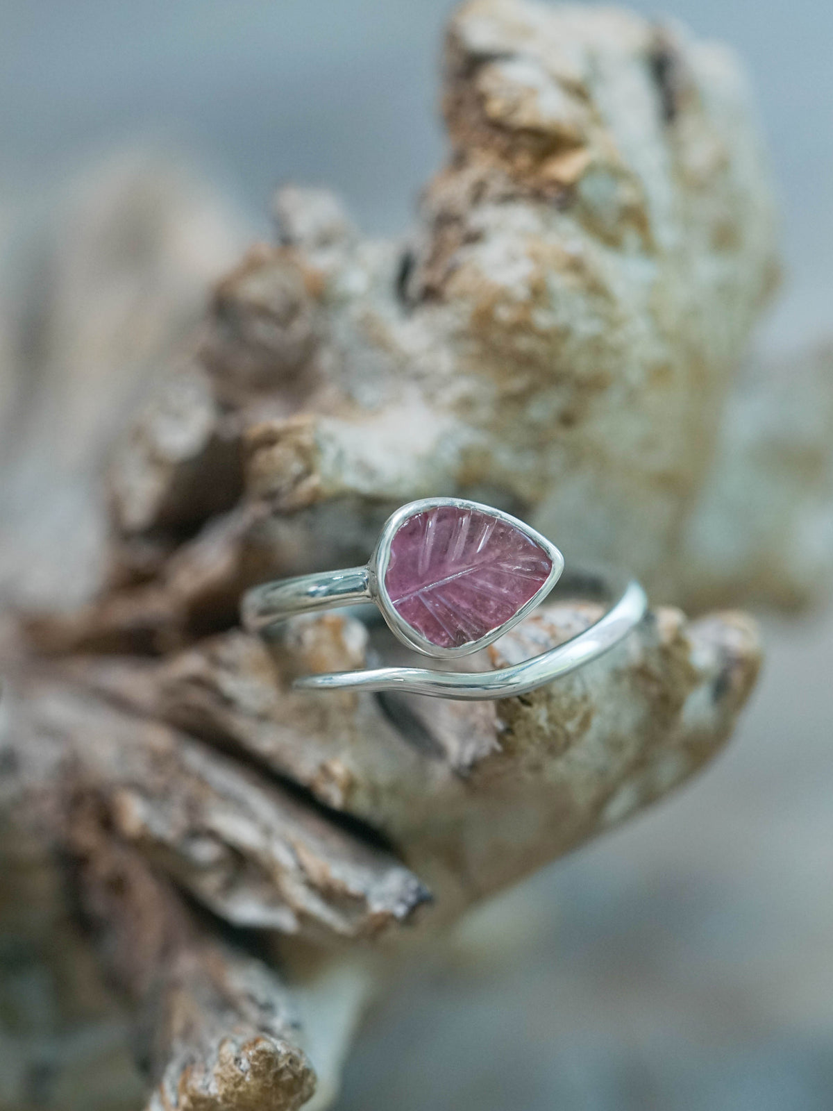 Open Pink Tourmaline Leaf Rings in silver