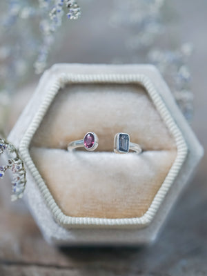 Open Ruby and Sapphire Ring in velvet box