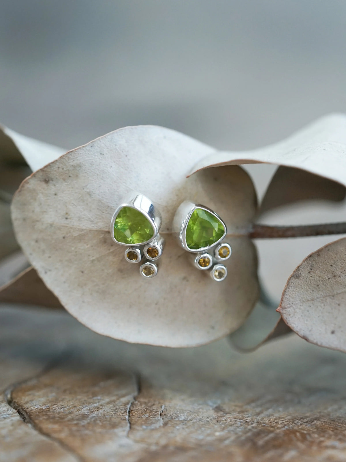 Organic Peridot and Tourmaline Stud Earrings in Silver