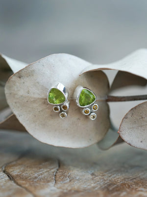 Organic Peridot and Tourmaline Stud Earrings in Silver