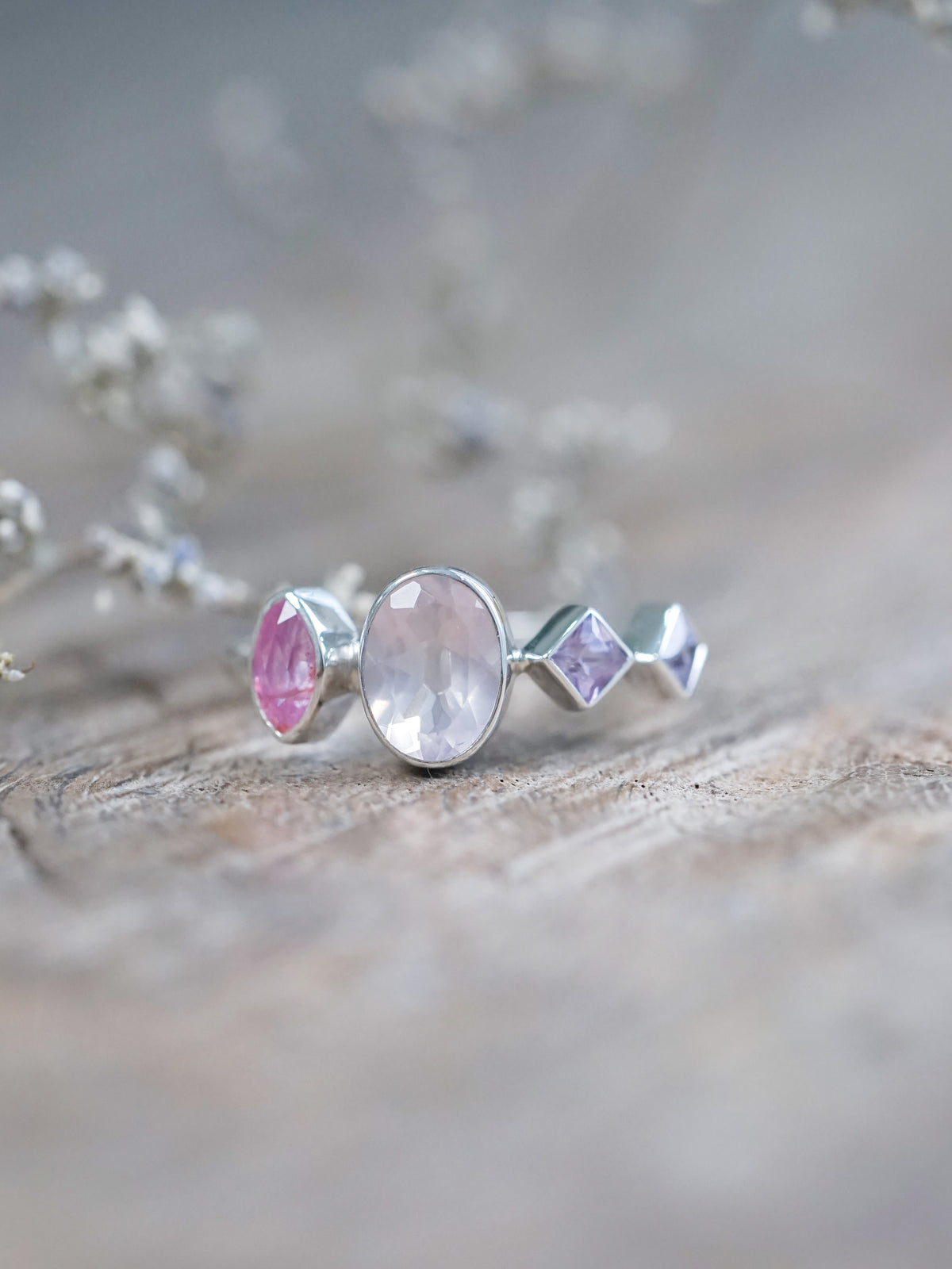 Oval Rose Quartz and Sapphire Ring - size 7 & 8