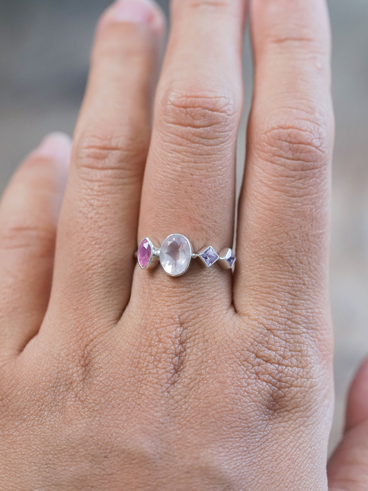 Oval Rose Quartz and Sapphire Ring - size 7 & 8