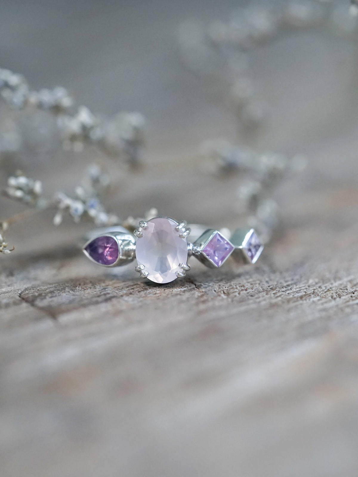 Oval Rose Quartz and Sapphire Ring - size 7 & 8