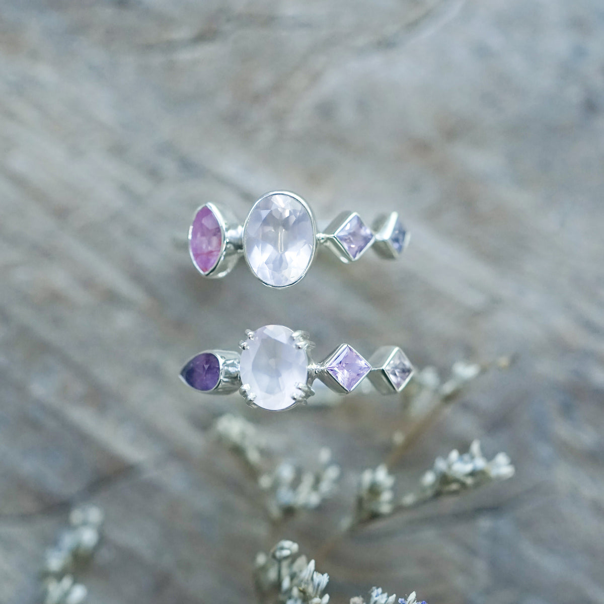 Oval Rose Quartz and Sapphire Ring - size 7 & 8