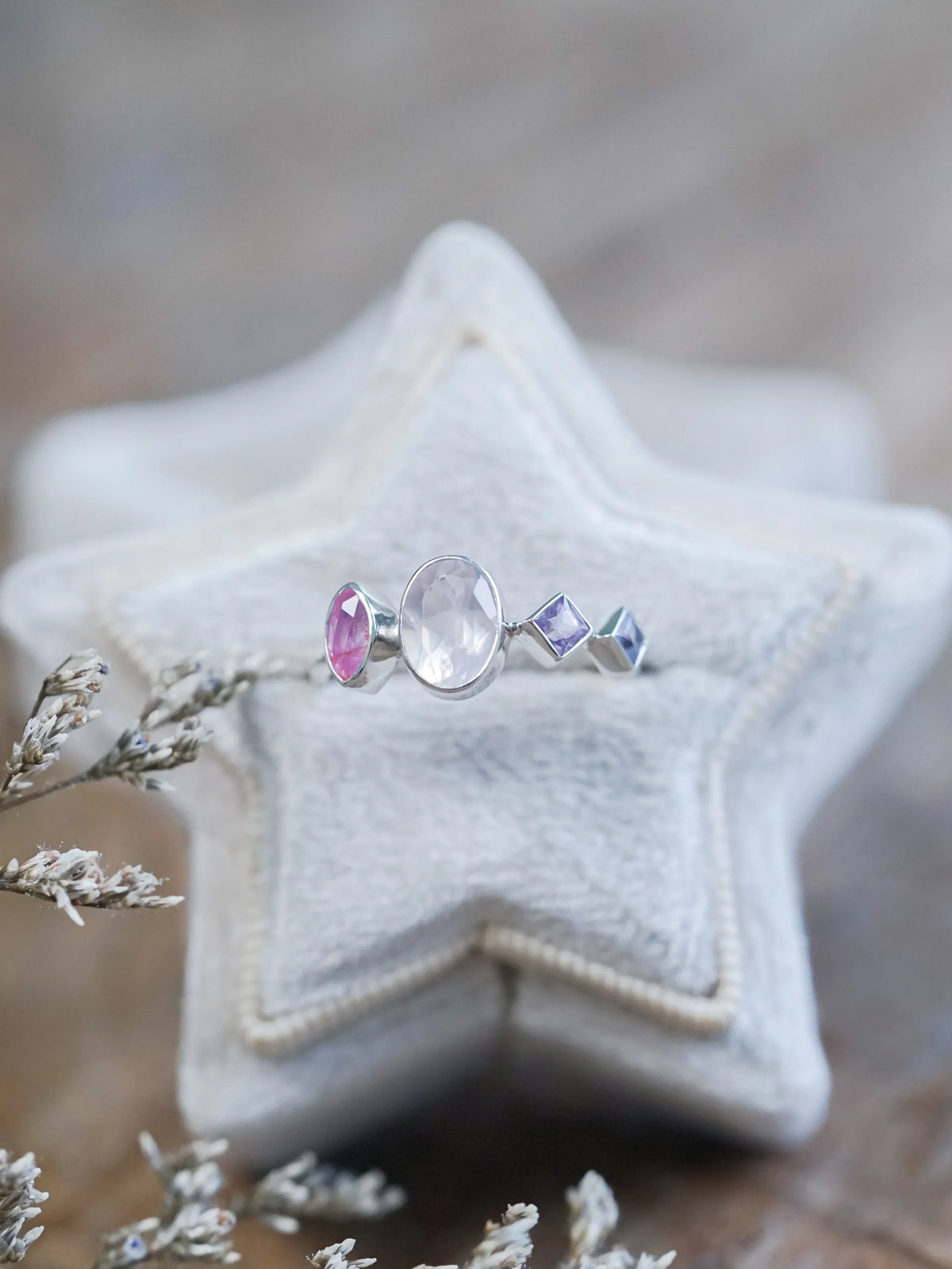 Oval Rose Quartz and Sapphire Ring