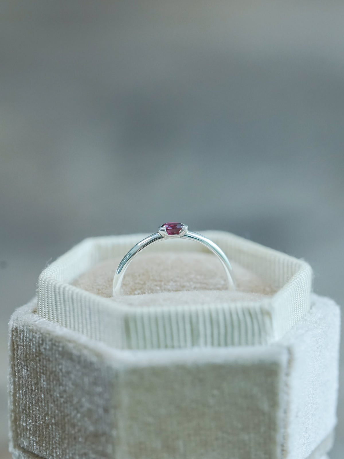 Oval Ruby Ring in recycled sterling silver inside velvet box