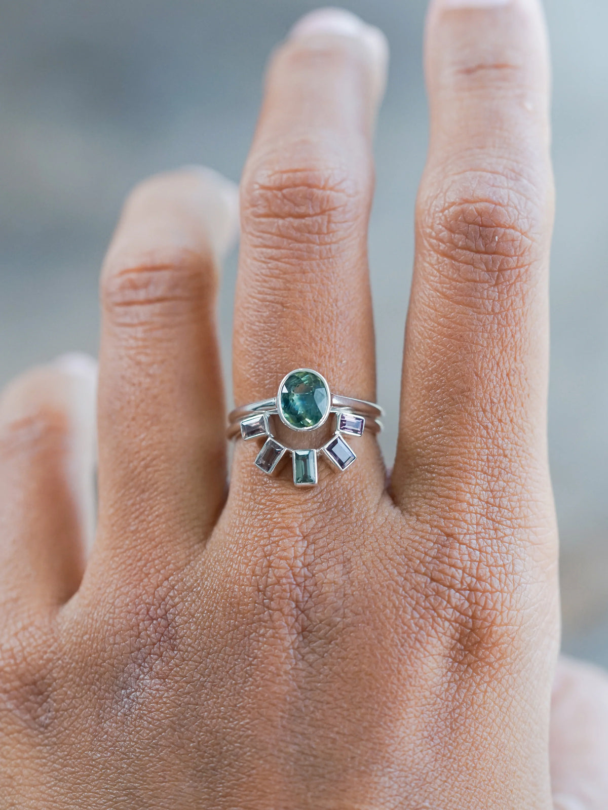 Oval and Baguette Sapphire Ring in Recycled Sterling Silver