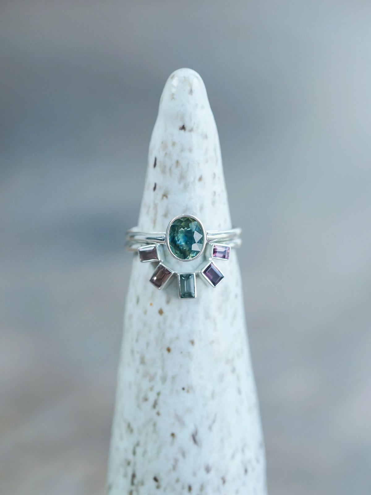 Oval and Baguette Sapphire Ring in Silver