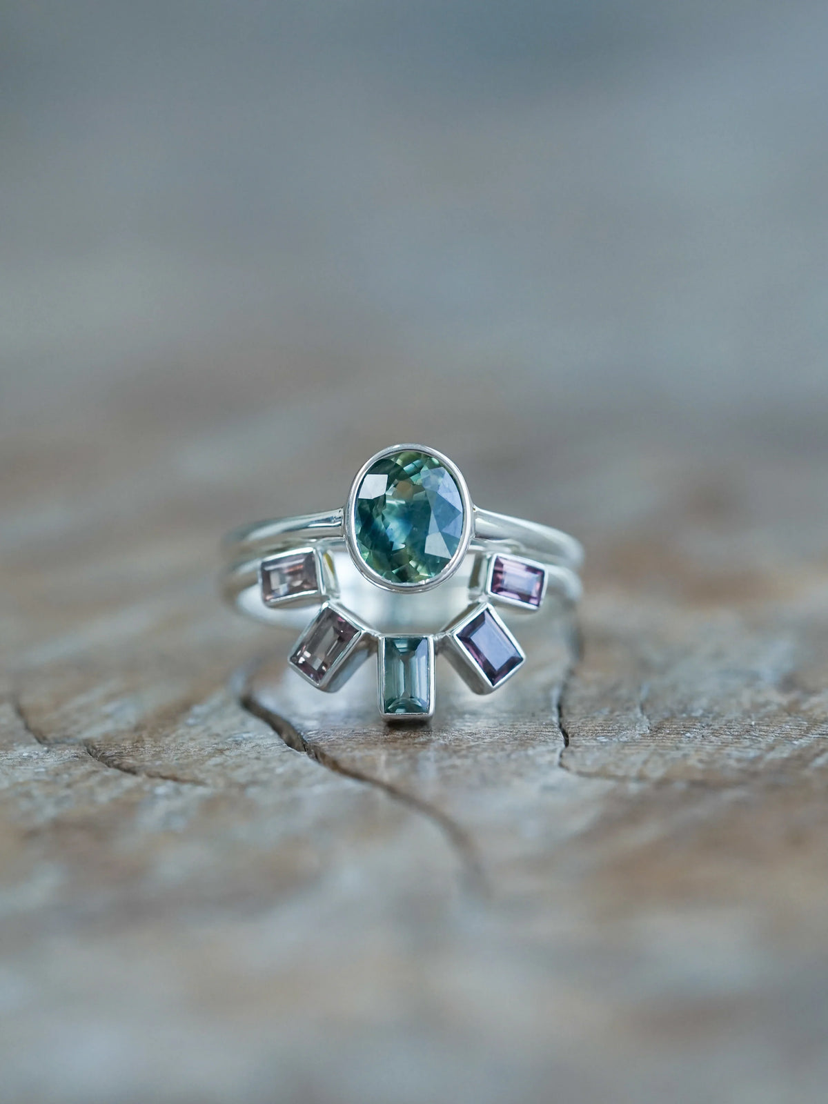 Oval and Baguette Sapphire Ring in Sterling Silver