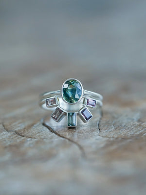 Oval and Baguette Sapphire Ring in Sterling Silver