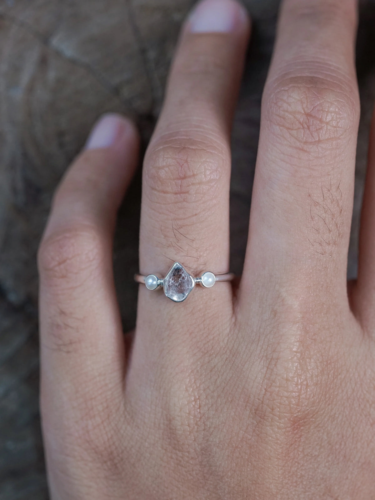 Pearl and Herkimer Diamond Engagement Ring