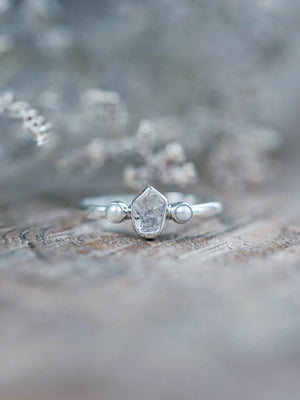 Pearl and Herkimer Diamond Engagement Ring in Recycled Sterling Silver