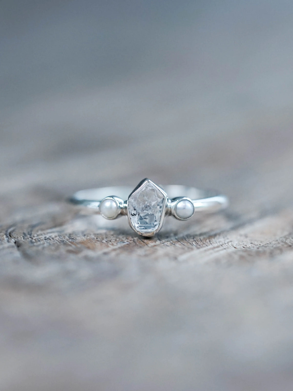 Pearl and Herkimer Diamond Engagement Ring in Silver