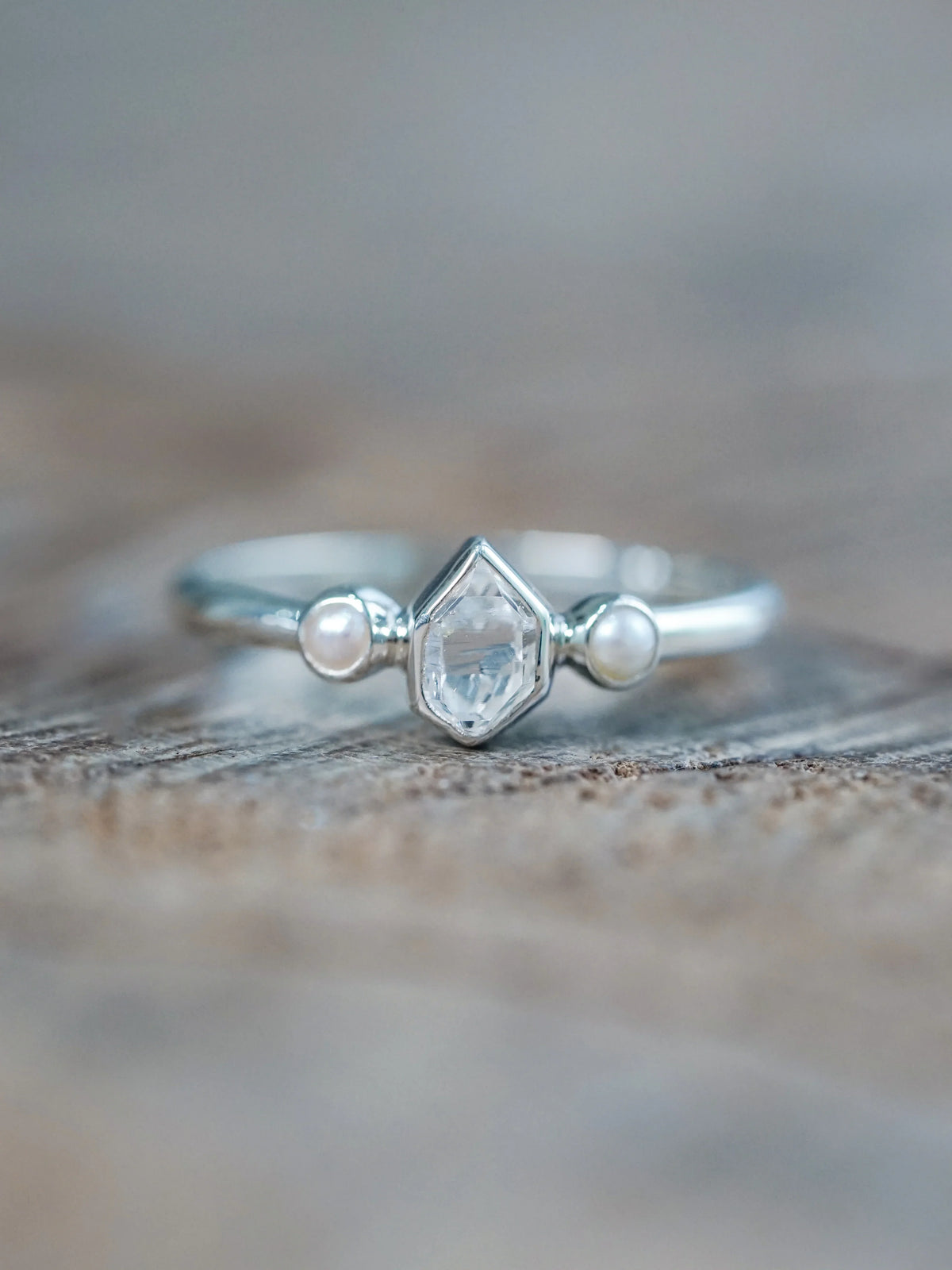 Pearl and Herkimer Diamond Engagement Ring in Sterling Silver