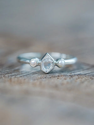 Pearl and Herkimer Diamond Engagement Ring in Sterling Silver