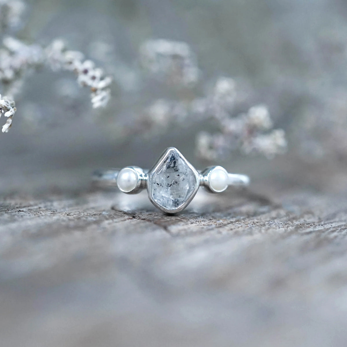 Pearl and Herkimer Diamond Ring in Sterling Silver