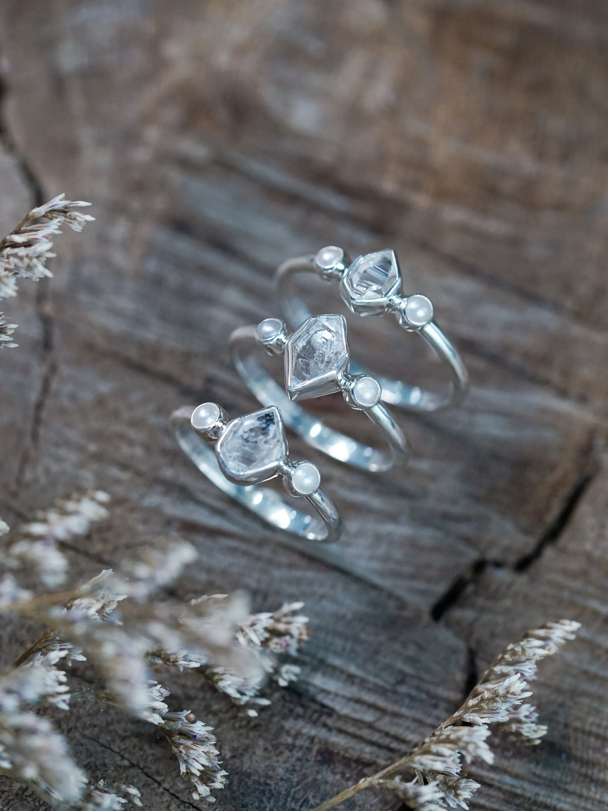 Pearl and Herkimer Diamond Rings in Silver