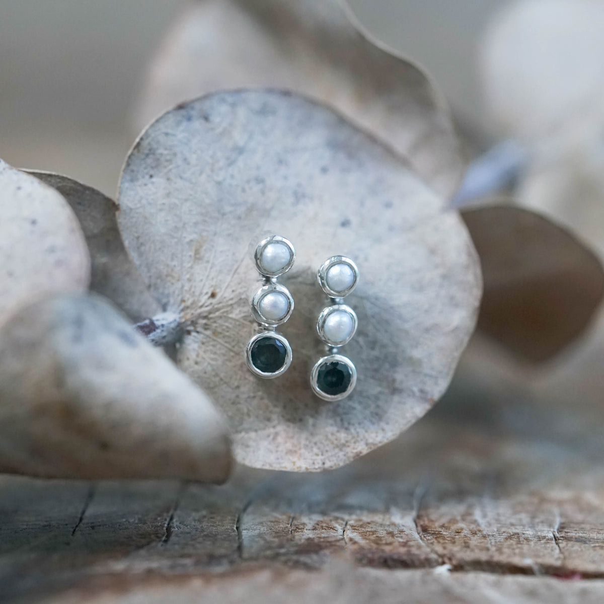Pearl and Sapphire Stud Earrings in Silver