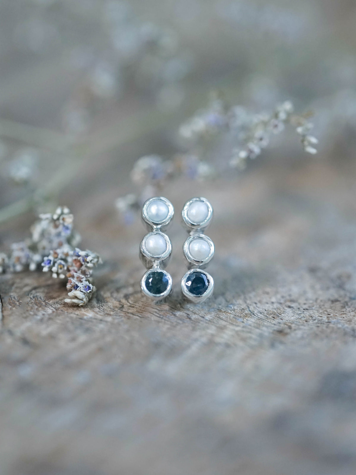 Pearl and Sapphire Stud Earrings in Sterling Silver