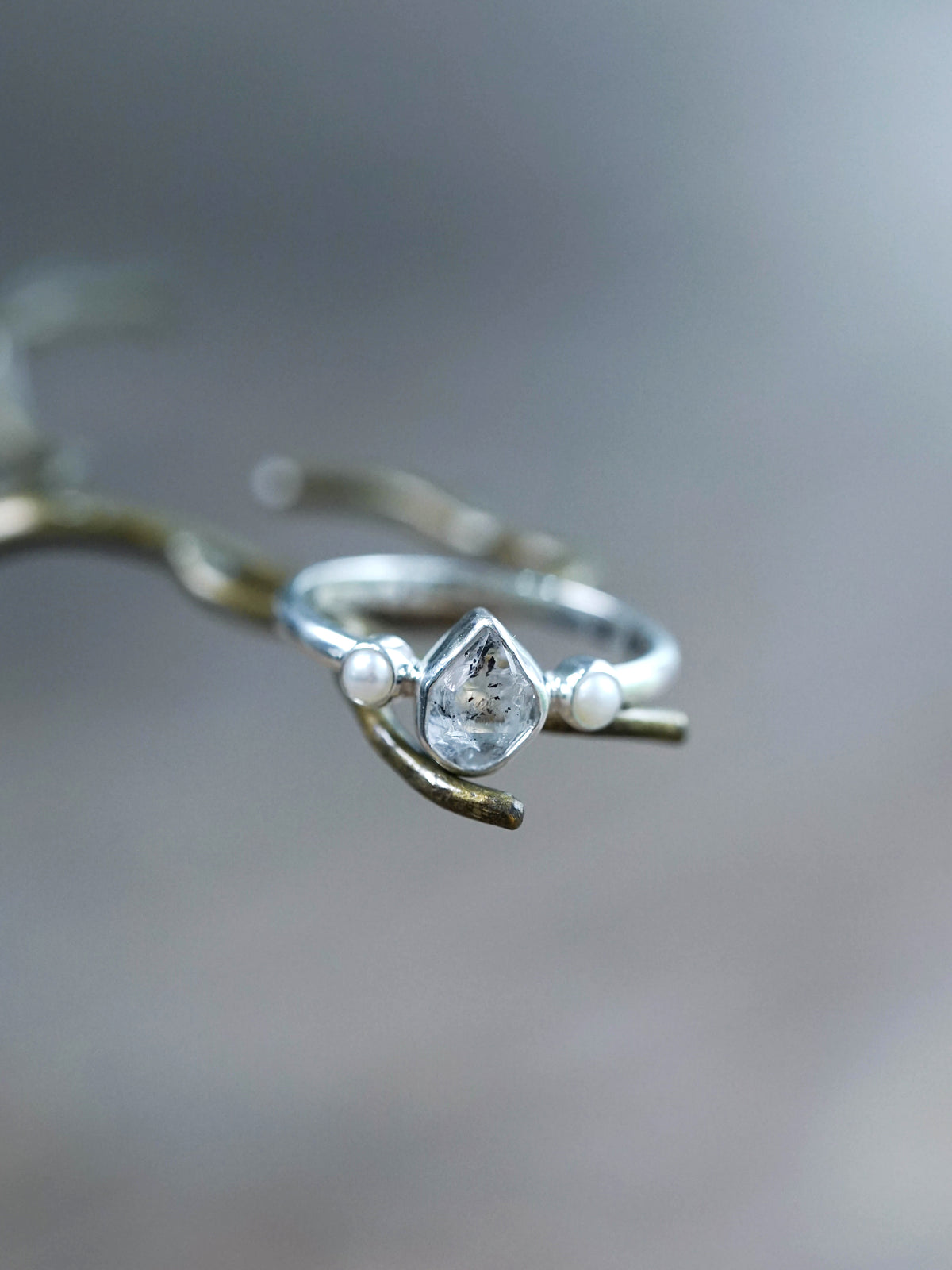 Pearl and Herkimer Diamond Ring