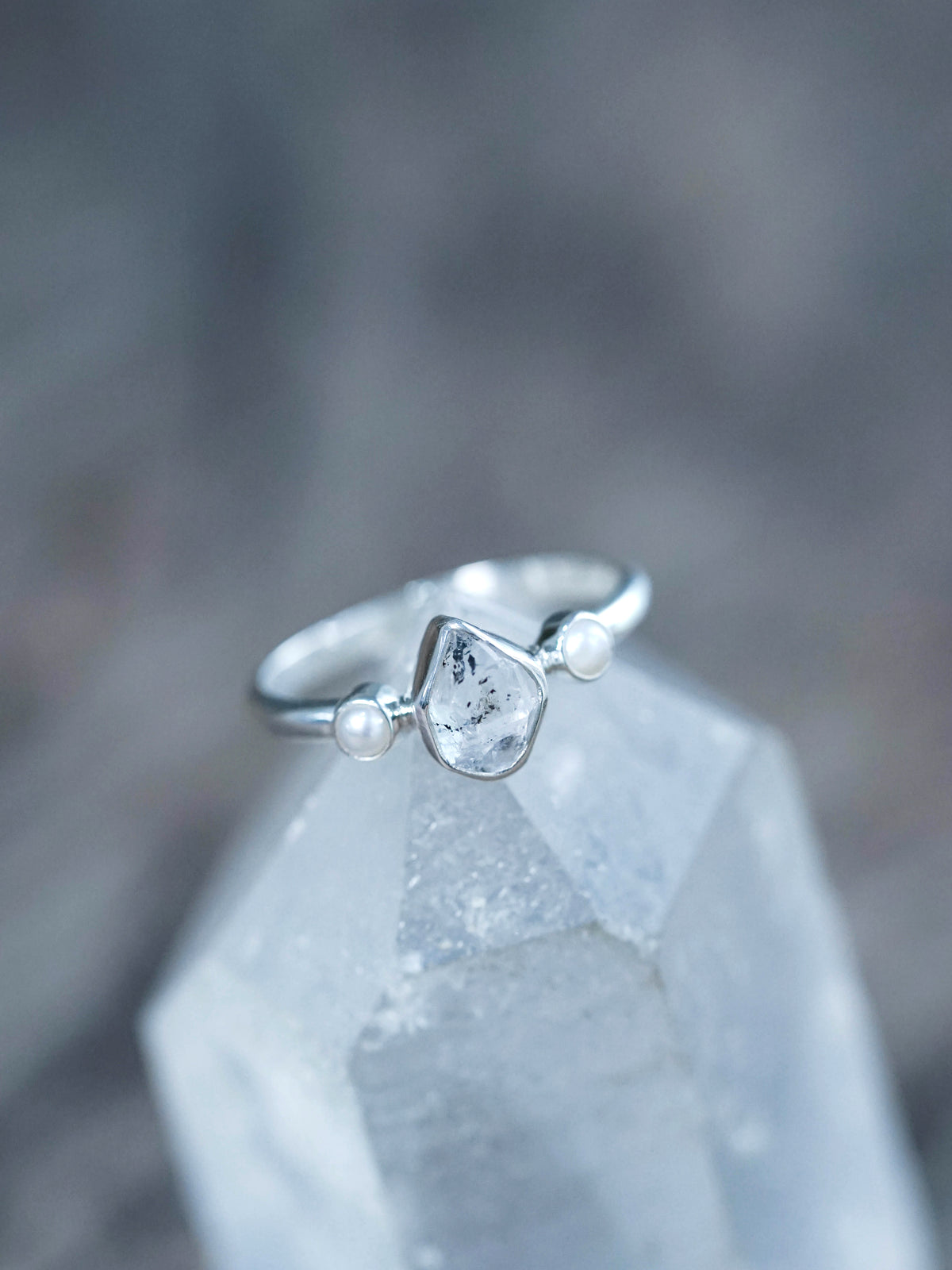 Pearl and Herkimer Diamond Ring