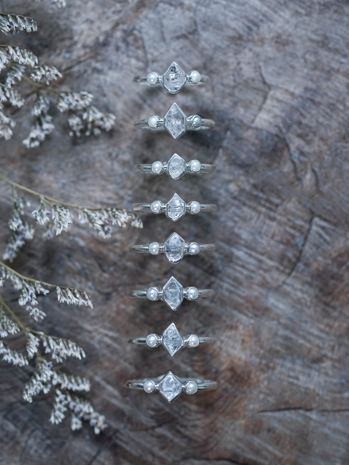 Pearl and Herkimer Diamond Ring