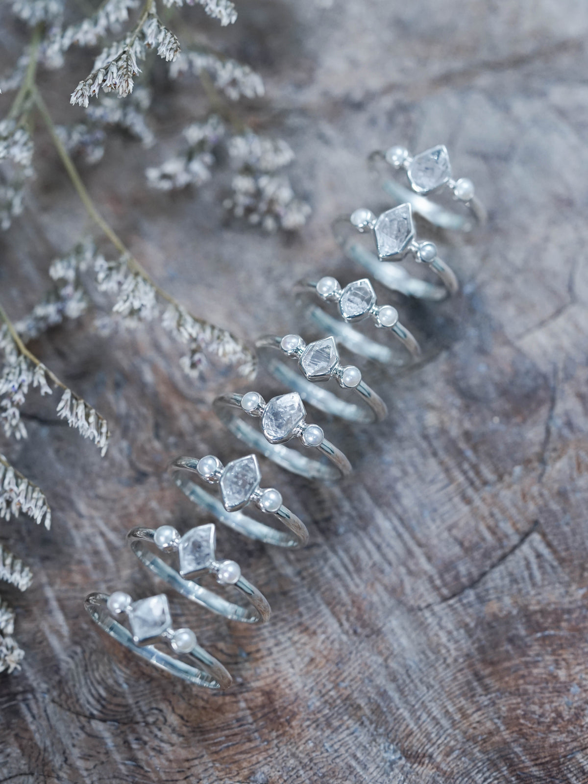 Pearl and Herkimer Diamond Ring