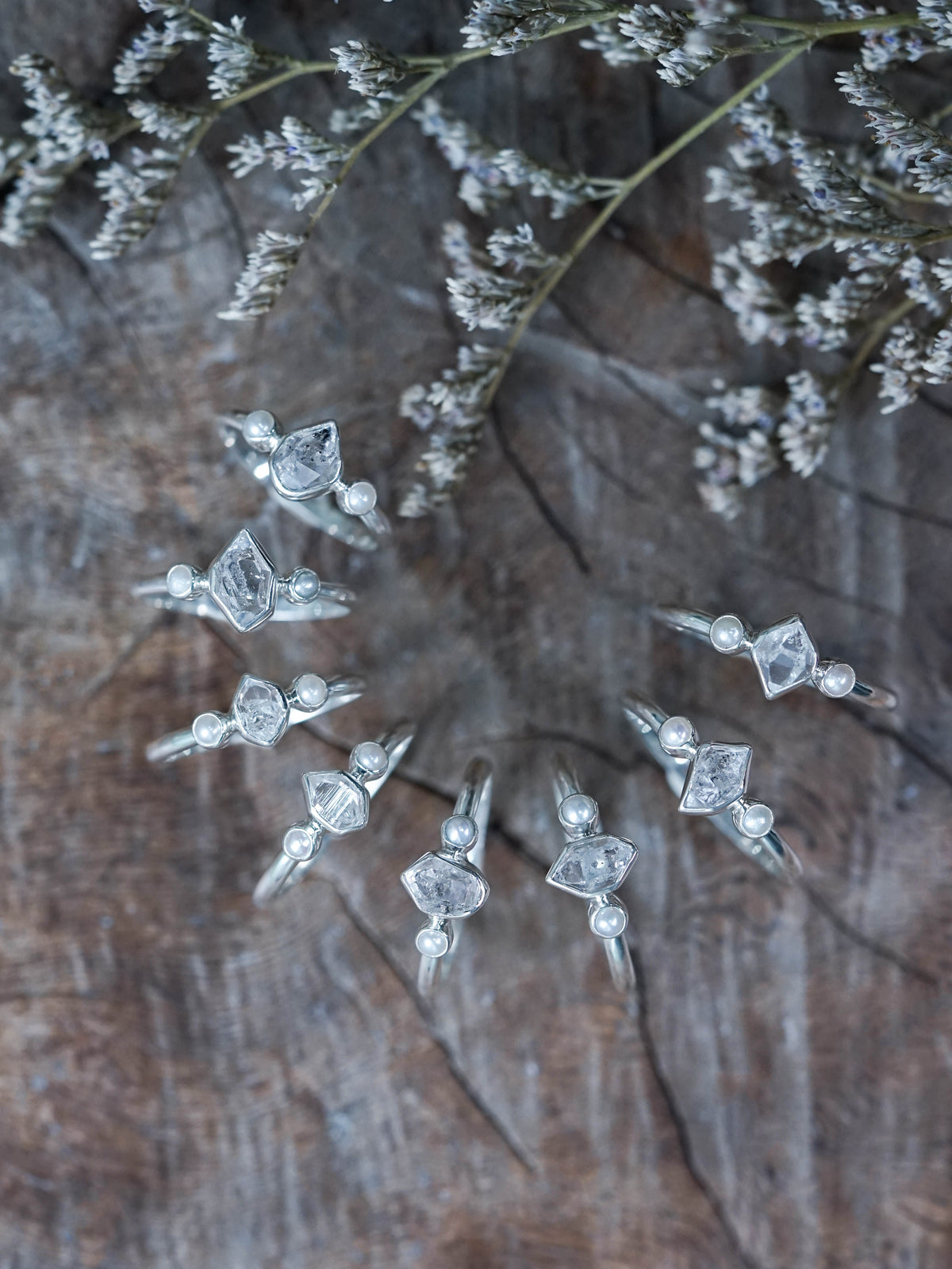 Pearl and Herkimer Diamond Ring
