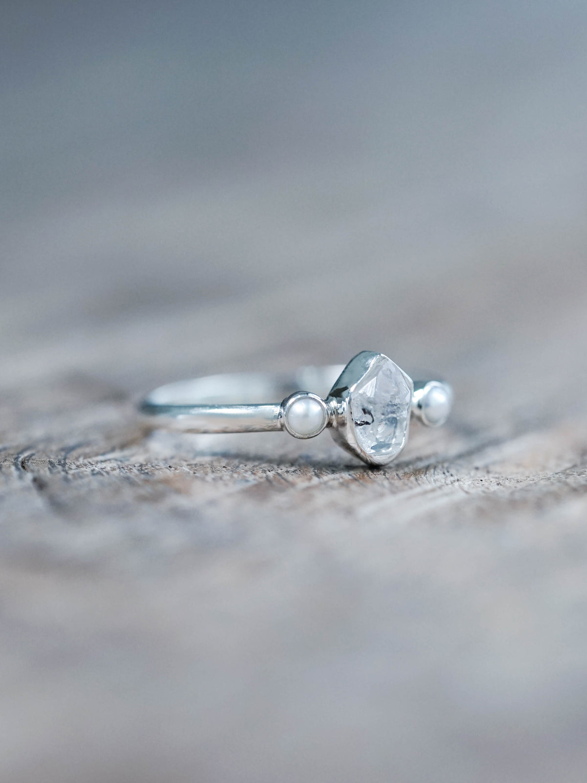 Pearl and Herkimer Diamond Ring