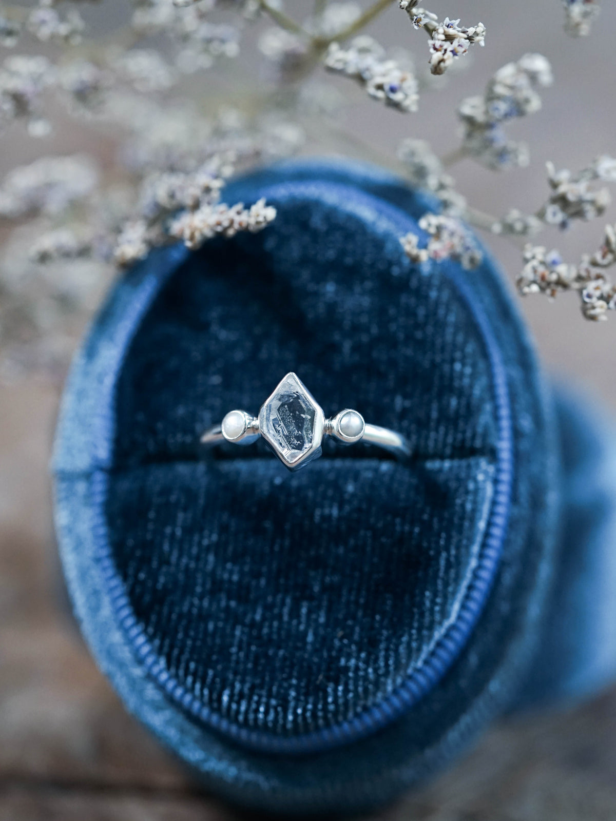 Pearl and Herkimer Diamond Ring
