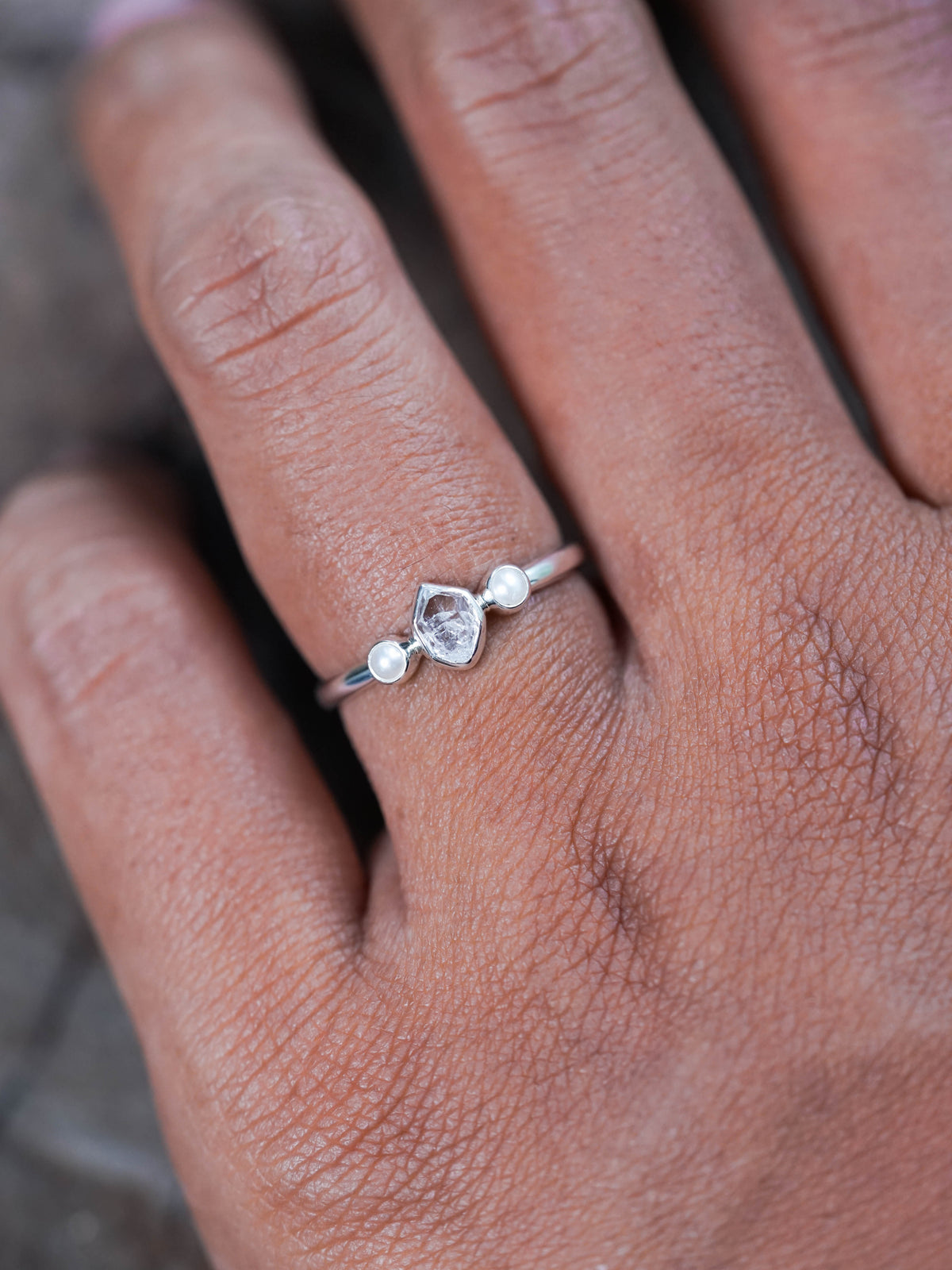 Pearl and Herkimer Diamond Ring