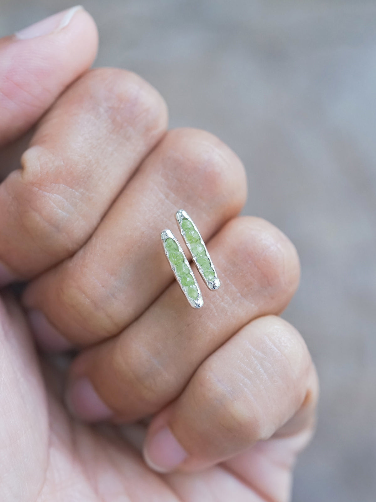 Peridot Stud Earrings with Hidden Gems in recycled sterling silver