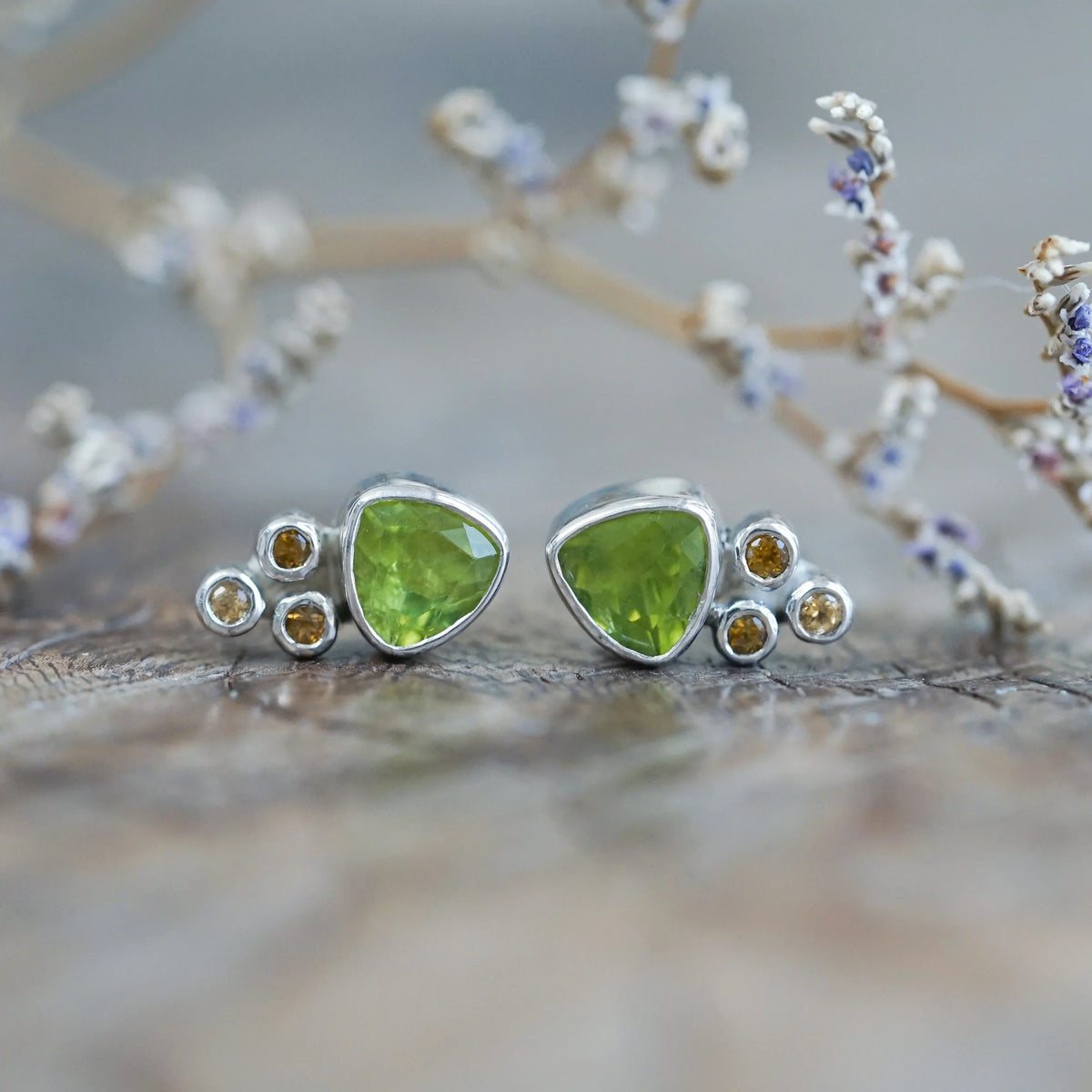 Peridot and Tourmaline Stud Earrings in Sterling Silver