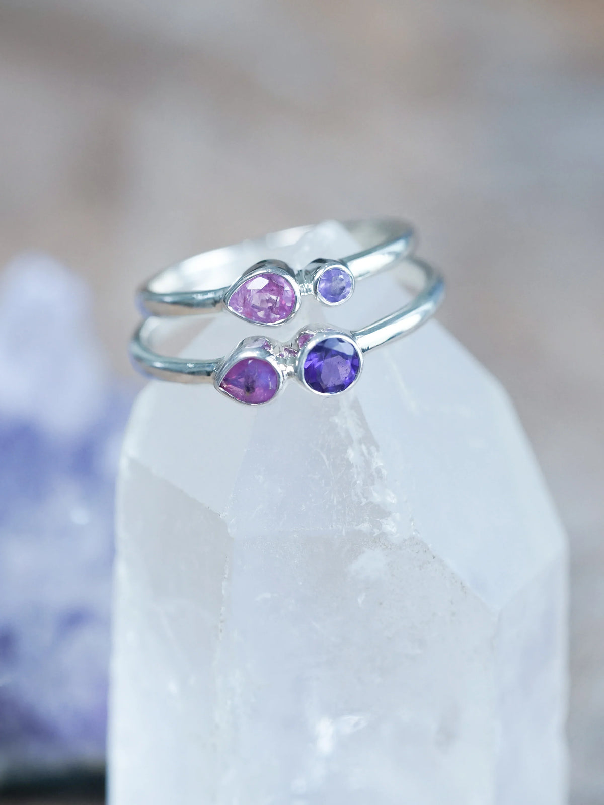 Pink Sapphire and Amethyst Rings in Silver