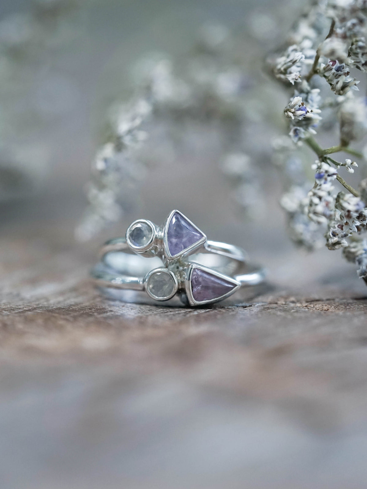 Pink Sapphire and Moonstone Rings in Sterling Silver