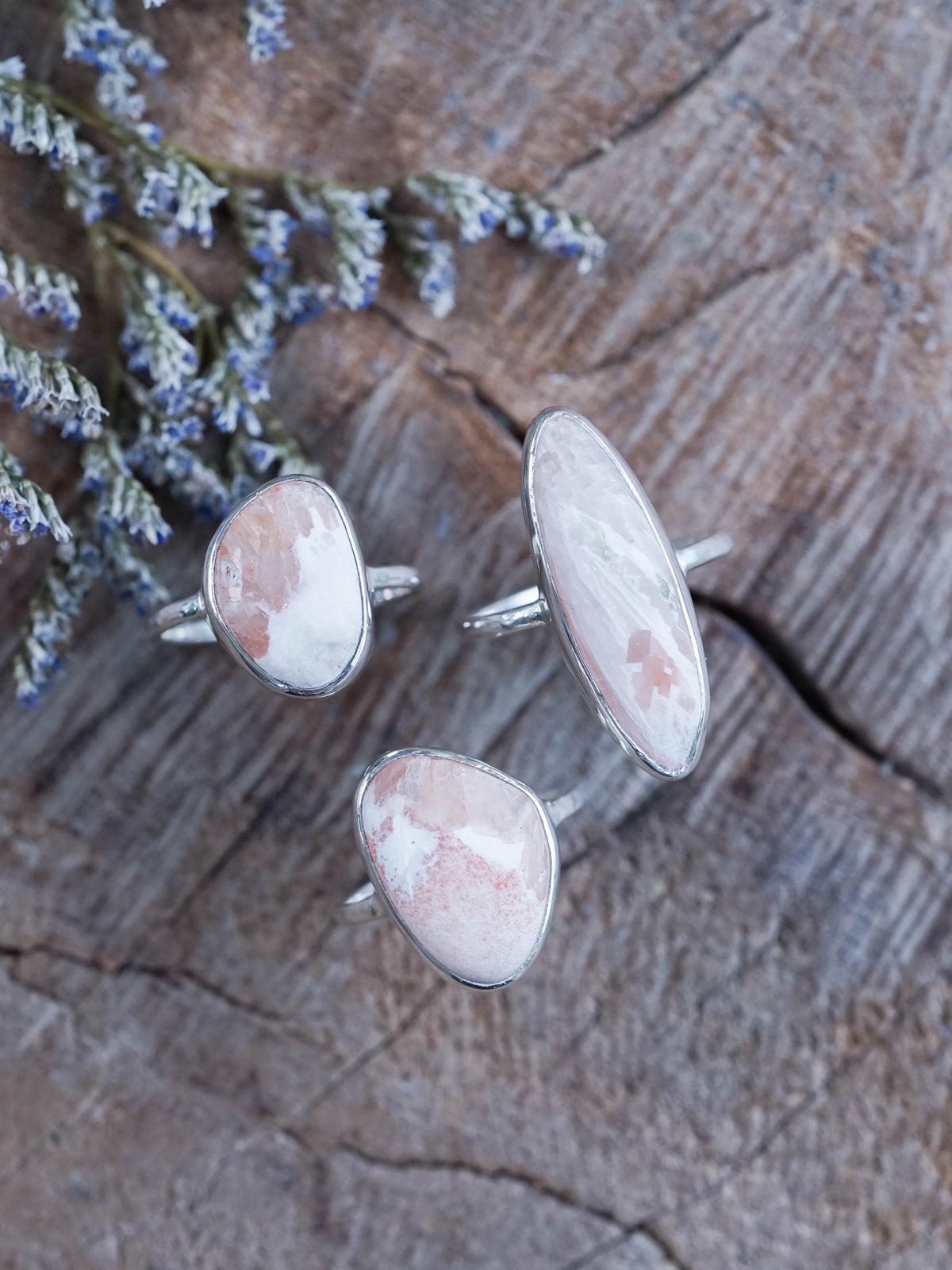 Pink Scolecite Rings Set in Silver