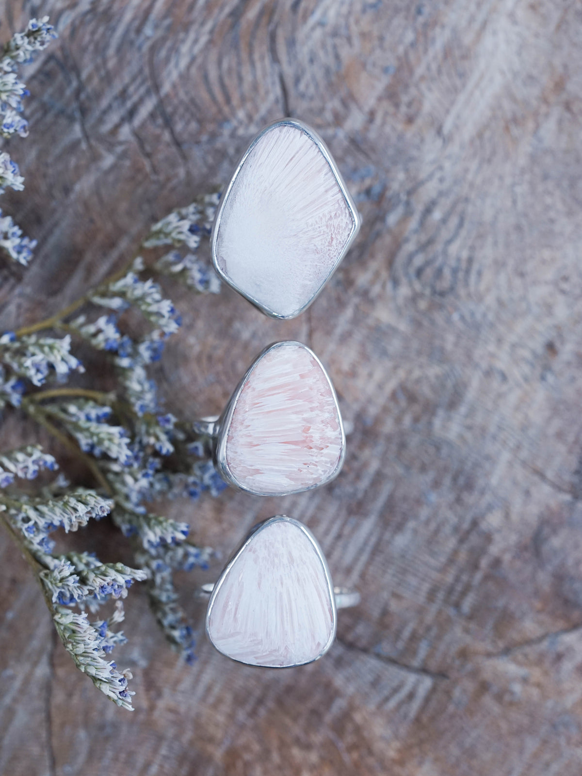 Pink Scolecite Rings in Sterling Silver