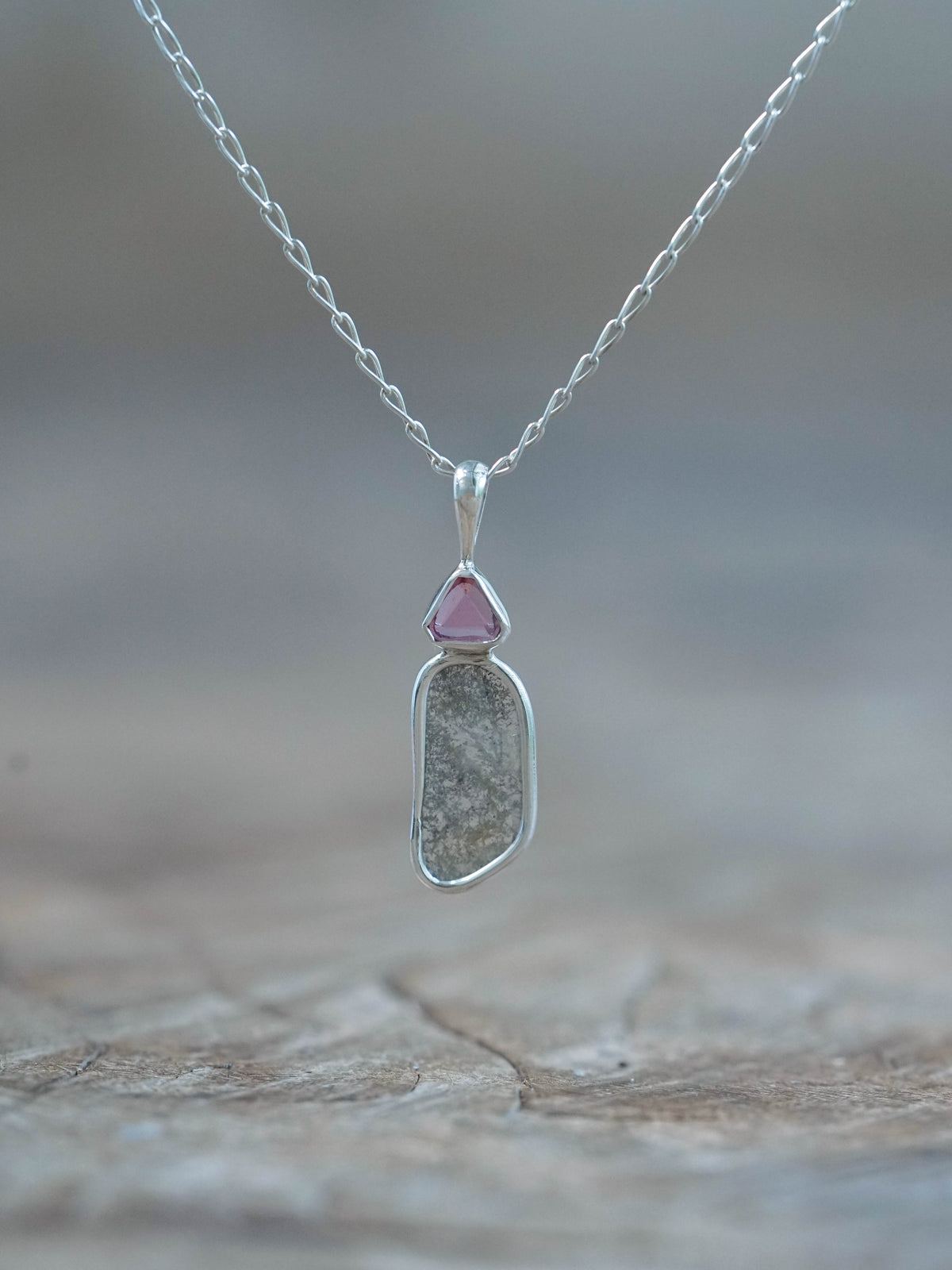 Pink Spinel and Diamond Slice Necklace Pendant in recycled sterling silver