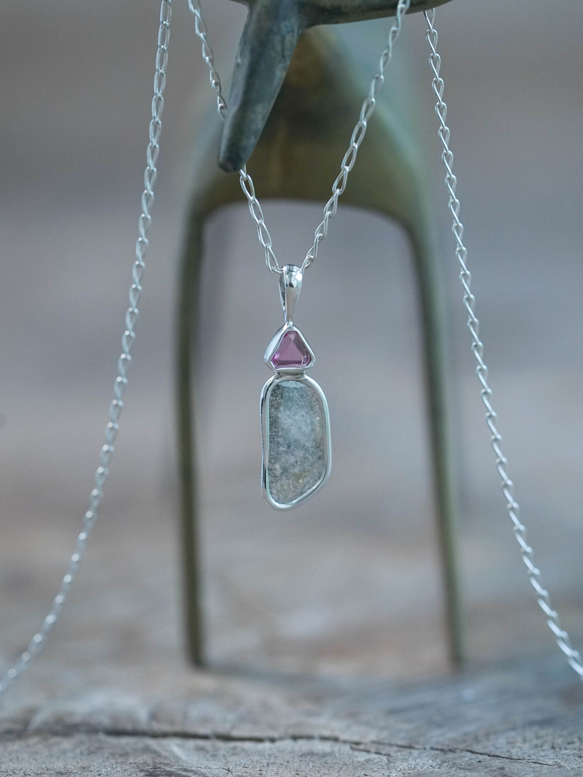 Pink Spinel and Diamond Slice Necklace Pendant in silver