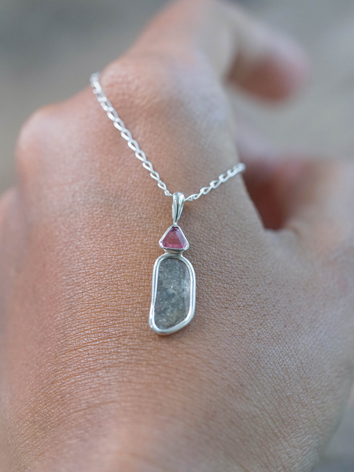 Pink Spinel and Diamond Slice Necklace Pendant in sterling silver