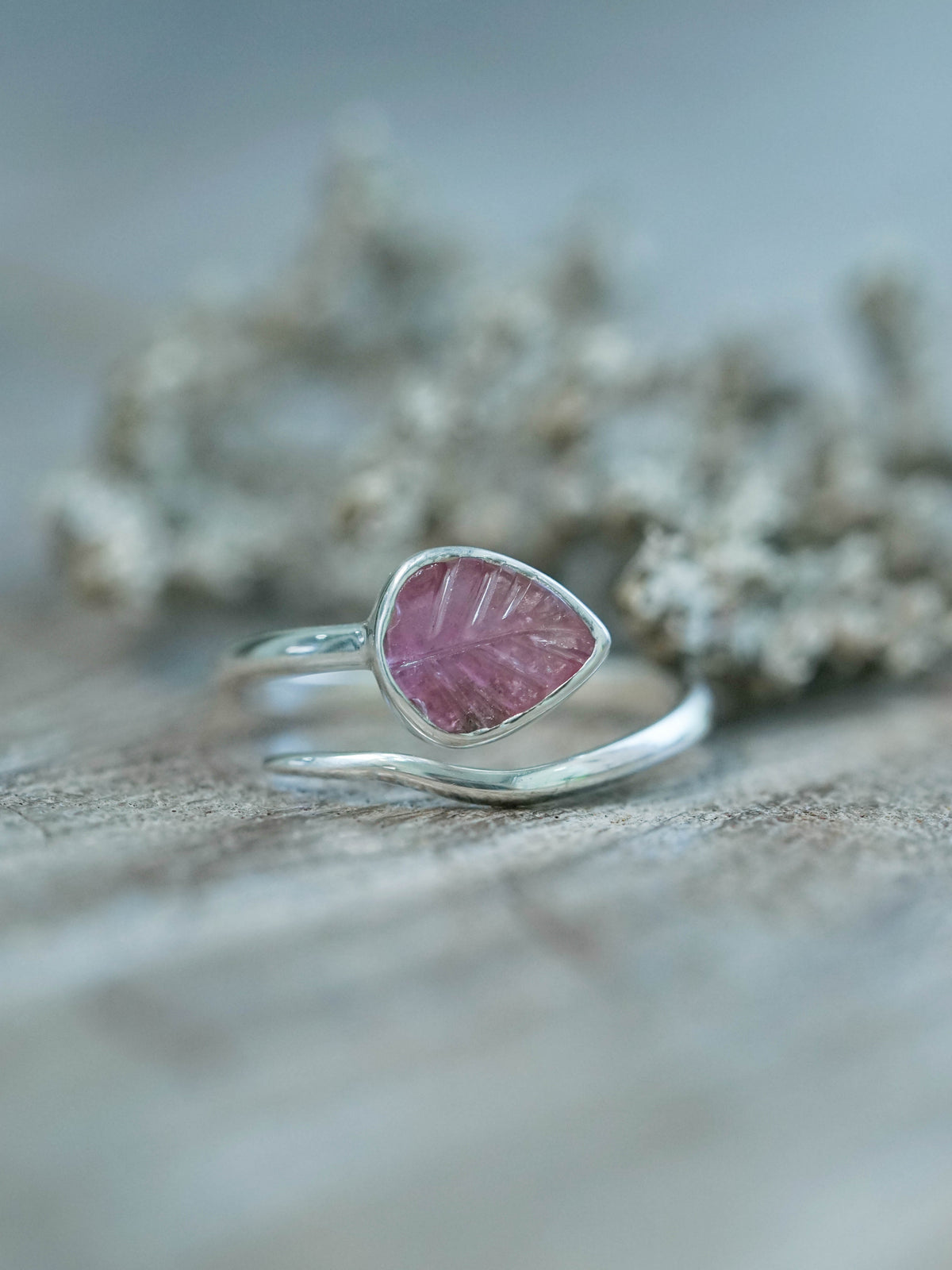 Pink Tourmaline Leaf Ring in recycled sterling silver